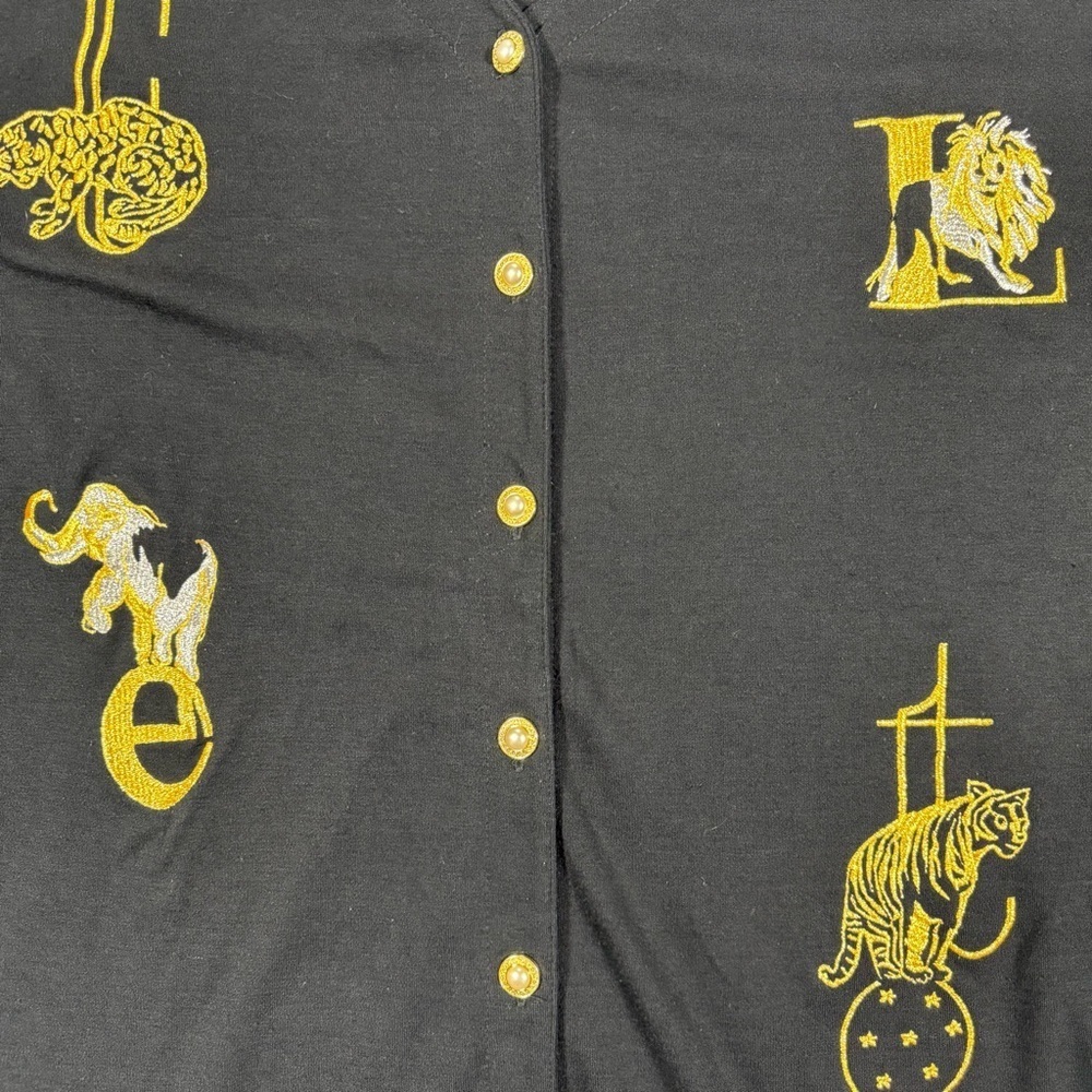 Vintage Black Cardigan silver Gold Embroidered zoo Animals gold‎ pearl buttons - Picture 6 of 12